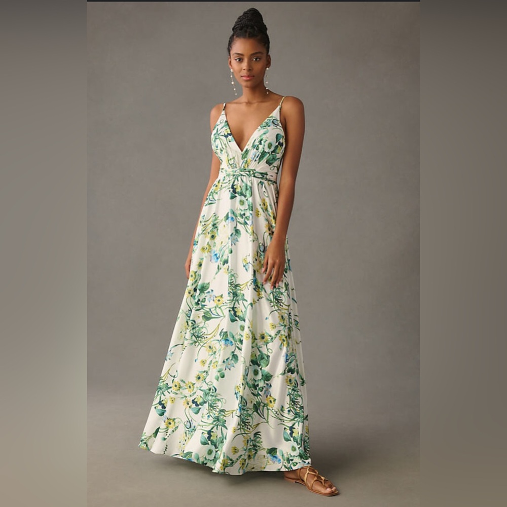 Ileana for Mac Duggal Gown Sz 4 Sleeveless Satin Floral Maxi Dress V-Neck NWT